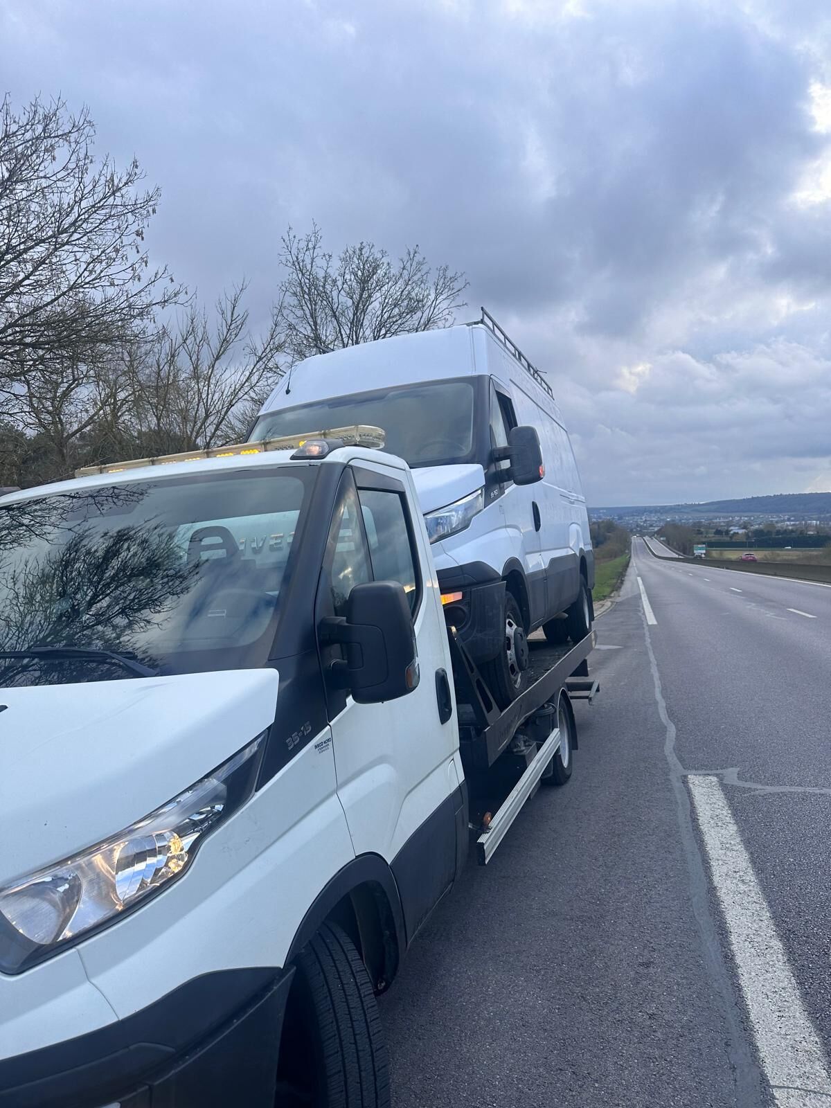 Fourgon utilitaire chargé sur la dépanneuse plateau au bord de la route